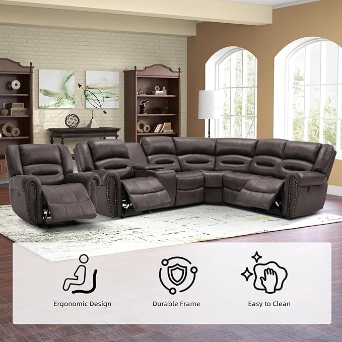 EBELLO Faux Leather Reclining Sectional Couches for Living Room, L-Shaped Power Recliner Sofa Set Corner Sectional Couch Home Furniture Set, with Storage Console and Cup Holders, USB Port, Dark Brown