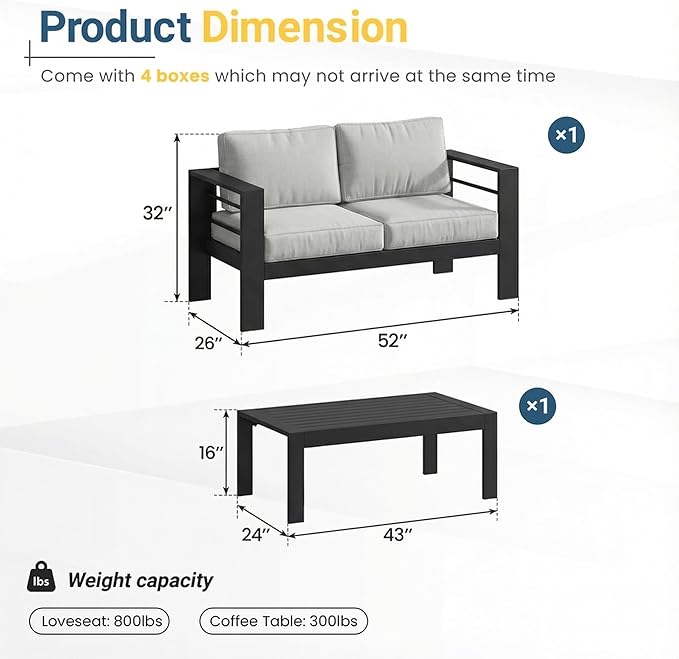Solaste Aluminum Patio Furniture Set for All Weather, Oversized Metal Outdoor Furniture Set with 27.5" Deep Seating and 3.2" Wide Armrest, Outdoor Patio Conversation Sets with 10" Back Suport Cushion