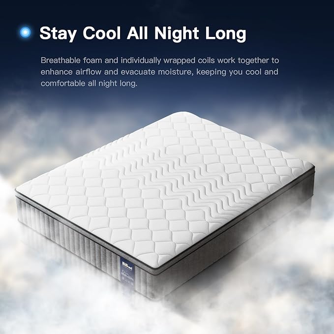 BBMI King Mattress in a Box, Medium Firm 12 Inch King Mattress with Extra Lumbar Support, Hybrid Mattresses with Gel Memory Foam and Pocket Springs, Strong Edge Support, Pressure Relief
