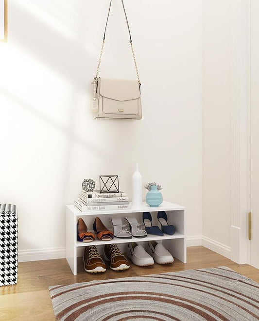 2-Tier Stackable White Shoe Rack, Wooden 2-Shelf Shoe Organizer Freestanding Shoe Storage Stand for 6-9 Pairs, Perfect for Closet, Entryway, Office Use - Modern White