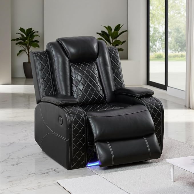 Power Leather Recliner Sofa Chair, Living Room Furniture Sets, Breathing Leather Reclining Couch Chair, Single Black Recliner with Padded Arm/Charging Port/LED for Home Theater/Office, Black