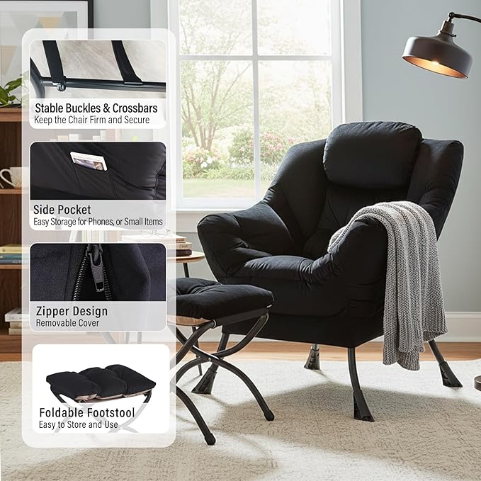 Lazy Chair with Ottoman, Modern Chair with Folding Footrest, Velvet Black Accent Chair, Comfortable Reading Chair, Oversized Armchairs for Bedroom, Study, Living Room, Courtyard