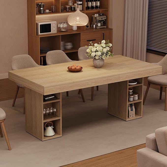 GAOMON 70.8" Wood Dining Table for 6-8 People, Large Kitchen Table with Sturdy Pedestal, Long Dining Table with Storage Cube, Farmhouse Rectangle Dinner Table for Dining Room and Living Room