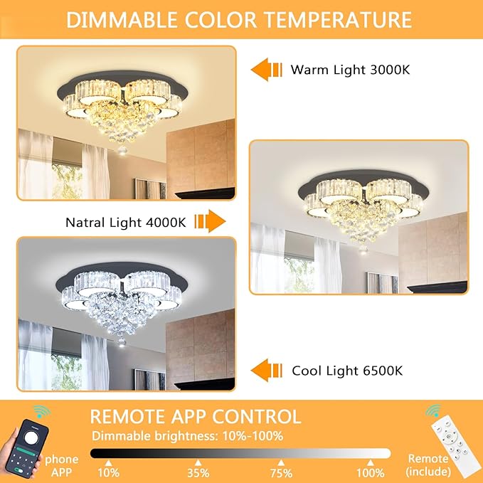 23.6'' Black Modern Crystal Chandeliers for Dining Room LED Dimmable Light Fixtures Flush Mount Light Living Room Bedrooms