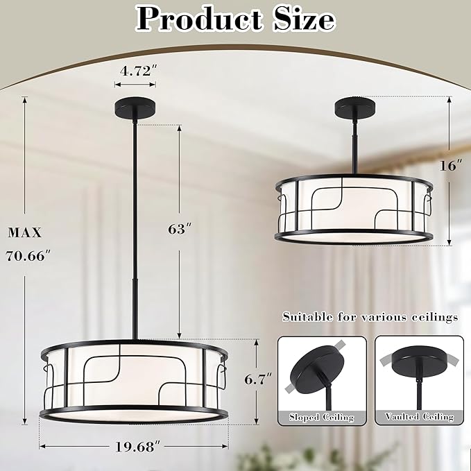 19.68" Drum Pendant Light - Black and White Linear Design Adjustable Chandelier for Dining Room, Kitchen Island, Living Room, Foyer (5 Lights)
