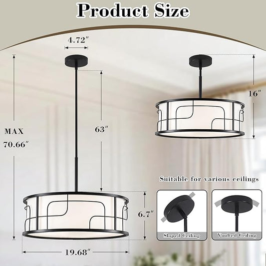 19.68" Drum Pendant Light - Black and White Linear Design Adjustable Chandelier for Dining Room, Kitchen Island, Living Room, Foyer (5 Lights)