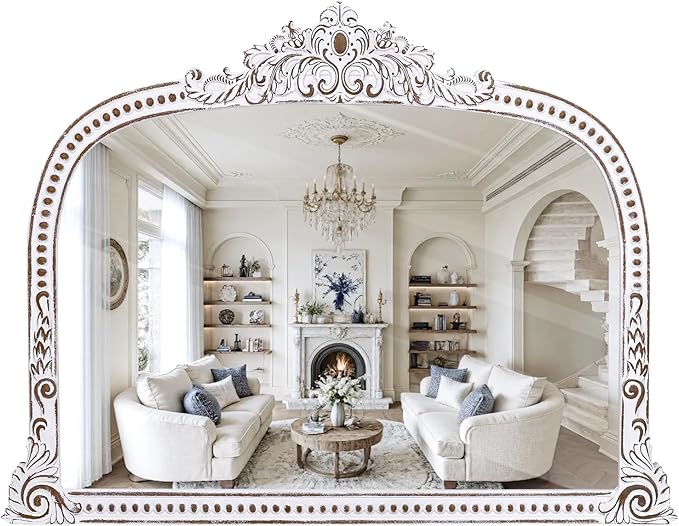 Rustic Farmhouse Woden Wall Mirror: 42x32 Inch Baroque Antique Mirror - Ornate Decorative Arched Mirrors for Fireplace Mantel, Living Room, Entryway