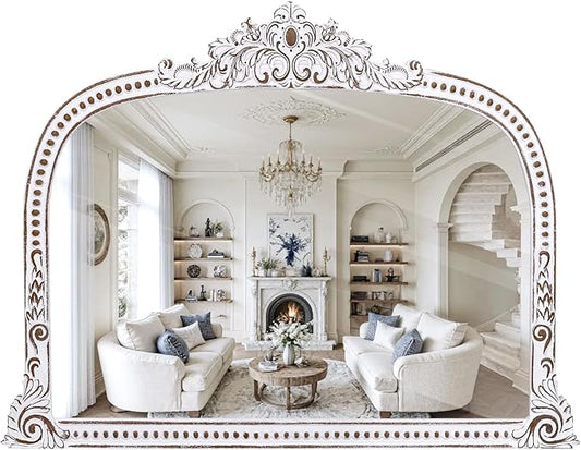 Rustic Farmhouse Woden Wall Mirror: 42x32 Inch Baroque Antique Mirror - Ornate Decorative Arched Mirrors for Fireplace Mantel, Living Room, Entryway