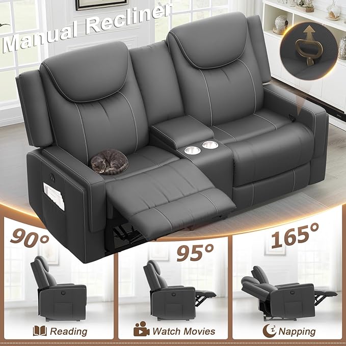 Dresegmt Loveseat Recliner Sofa, Gray PU Leather Double Recliner Loveseat with Console, Cup Holders, Storage & USB Ports, Ergonomics， Manual Reclining Sofa Couch for Living Room, RV