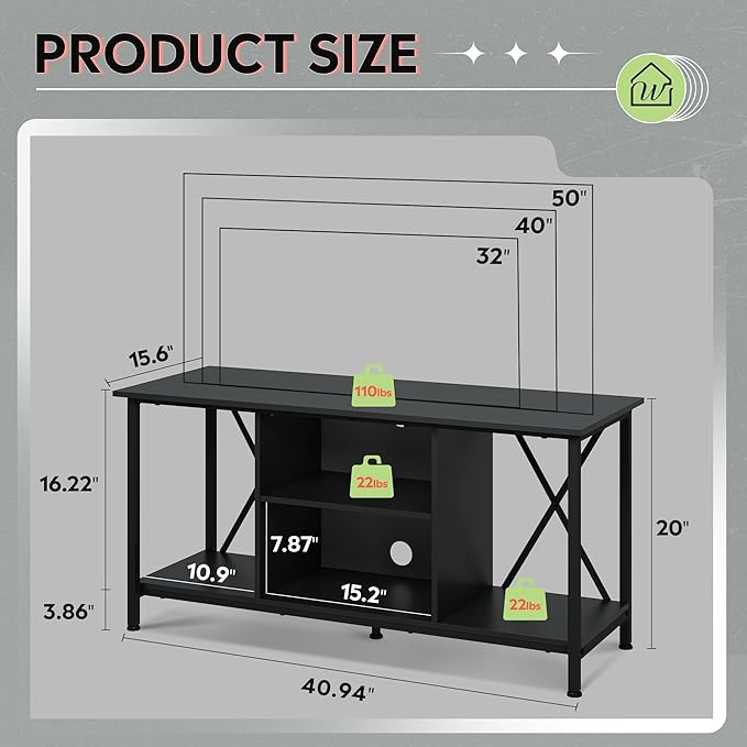 WLIVE Industrial TV Stand for up to 45 inch TV, Heavy-Duty Metal Frame Entertainment Center, Compact Media Console with Adjustable Shelf & Cable Management for Small Spaces, Living Room, Black