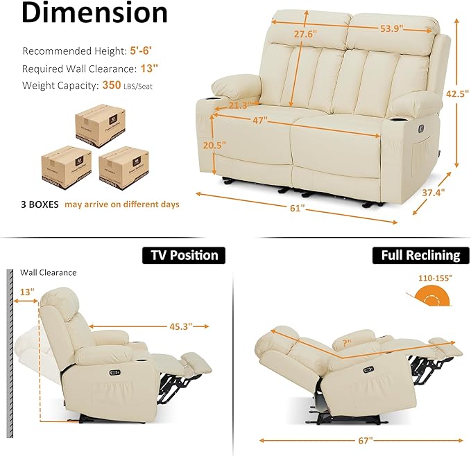 MCombo Zero Gravity Loveseat Recliner with Heat and Massage, Power Reclining Sofa for Living Room, Faux Leather 6075 (Cream White, Loveseat Recliner)