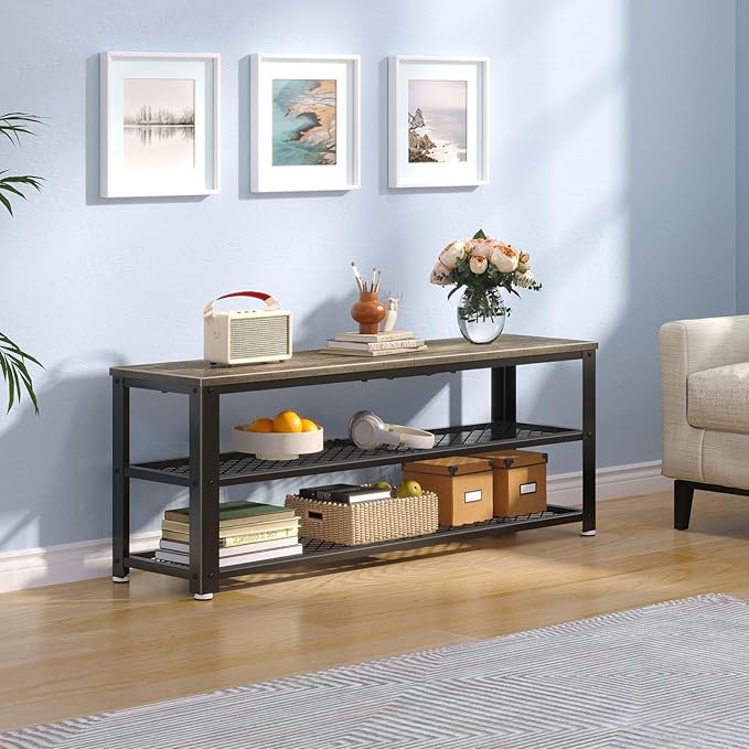 Rolanstar Shoe Bench, 3-Tier Shoe Rack, 39.4” Storage Entry Bench with Mesh Shelves Wood Seat, Rustic Foyer Bench for Hallway Front Door, Doorway, Living Room, Mudroom, Steel Frame, Gray