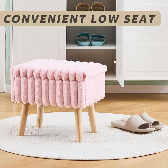 Wimarsbon Storage Ottoman,Soft Faux Fur Footstool with Padded Seat, Small Reading Vanity Chair, Footrest with Wood Tray for Couch, Mini Coffee Table or Display Stand (Pink)