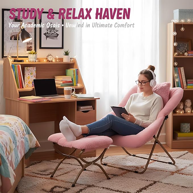 Comfy Folded Chair with Ottoman, Oversized Folding Faux Fur Chair Soft Furry Lazy Chair with Metal Frame Moon Chair Accent Chair for Bedroom, Living Room, Dorm Rooms