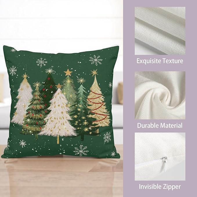 Green Christmas Outdoor Pillow Covers 20x20 Set of 2 White Gold Xmas Tree Snowflakes Pillow Case Rustic Farmhouse Winter Holiday Decorative Pillowcases for Home Sofa Couch