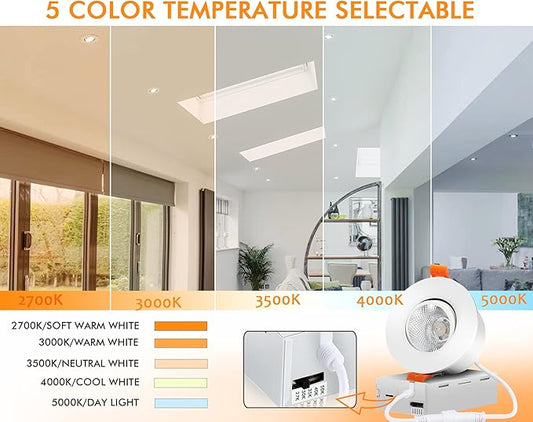 CLOUDY BAY 3 Inch 5CCT LED Eyeball Recessed Light,Dimmable Swivel Adjustable Downlight, 2700K/3000K/3500K/4000K/5000K Selectable,8W,Airtight,ETL,FCC,Pack of 6