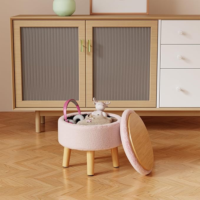 Poofzy Small Ottoman with Storage, Small Foot Stool Ottoman with Wood Legs, Faux Fur Foot Rest for Couch, Living Room and Bedroom - Pink
