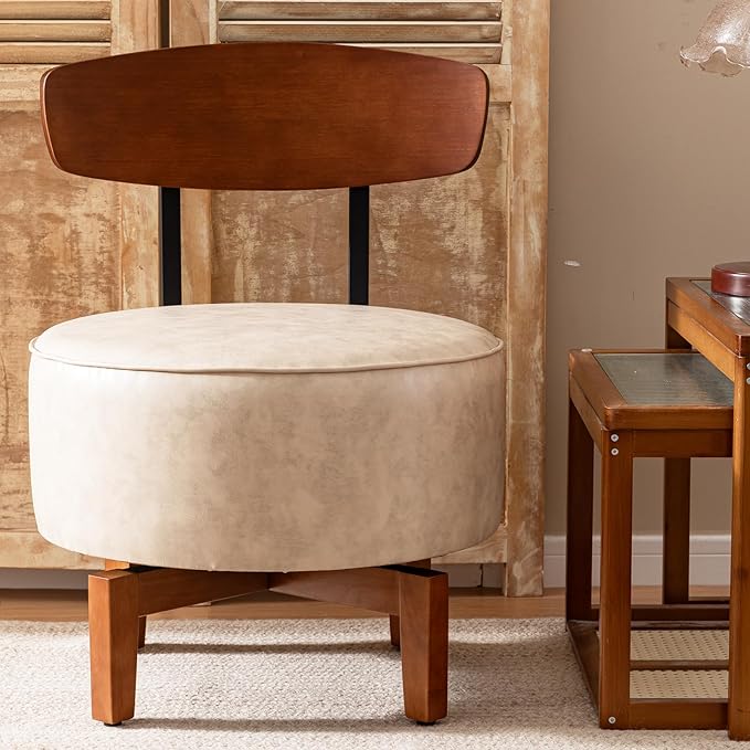 Swivel Accent Chair Living Room Chair with Back, upholstered Wood mid Century Modern Chair for Bedroom Office, Faux Leather Sand Gray