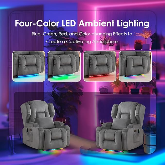 SAMERY Power Recliner Chair, Electric Wall Hugger Recliner Chair Reclining Sofa Home Theater Seating for Living Room with Massage & Heat, USB, LED Lights, Cup Holders, Side Pockets, Lumbar Pillow | 1-Inch Wall Hugger, Extra Wide Seat, Full Body Comfort...