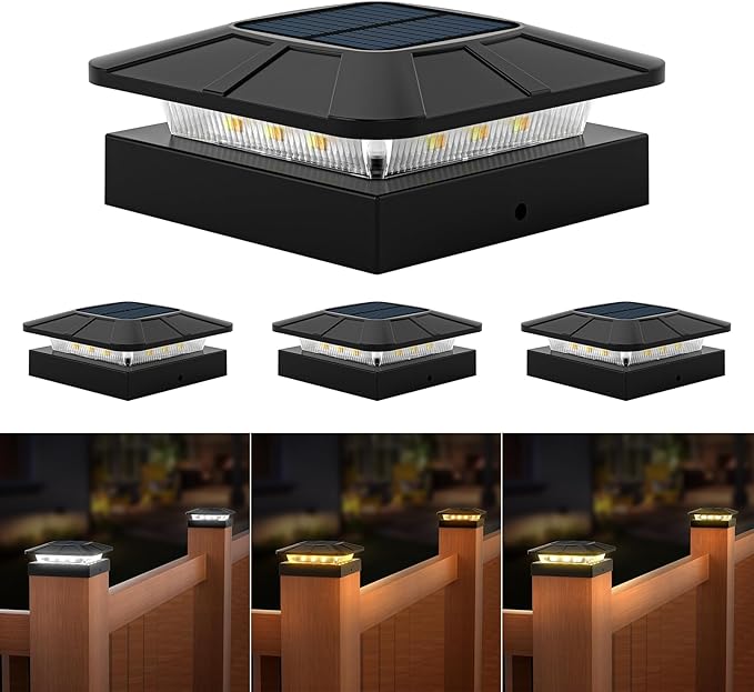 4x4 Solar Post Cap Lights Outdoor [4 Pack Waterproof IP65], 3 Lighting Modes for Fence Deck Patio Garden Decor, Dusk-to-Dawn Solar Powered Post Lights Fit 4x4 Wood/Vinyl