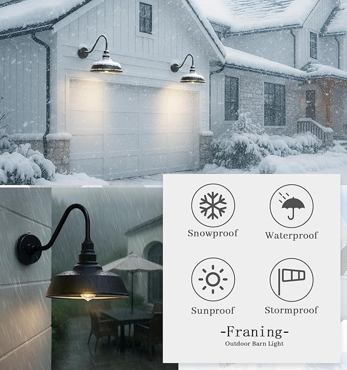 12 Inch Outdoor Gooseneck Barn Lights, Dusk to Dawn Sensor, Waterproof and Rustproof Black Barn Lights for Porches, Houses and Farmhouses 2 Pack…