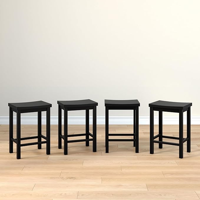 Grain & Grove Smith Collection Set of 4 Solid Wood Counter Height Bar Stools, 24-Inch Saddle Seat Backless Stools, Ideal for Kitchen Island, Dining, or Home Bar Seating, Black