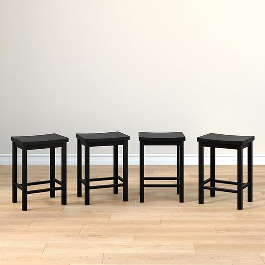 Grain & Grove Smith Collection Set of 4 Solid Wood Counter Height Bar Stools, 24-Inch Saddle Seat Backless Stools, Ideal for Kitchen Island, Dining, or Home Bar Seating, Black