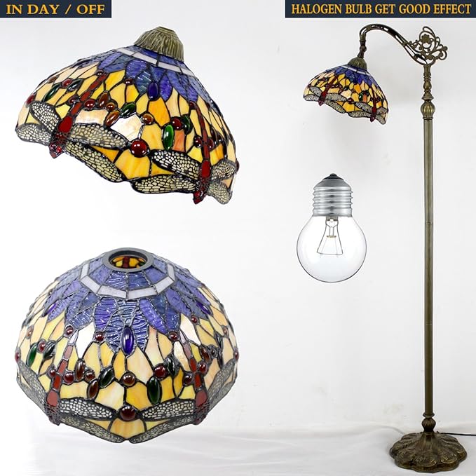 WERFACTORY Tiffany Floor Lamp Orange Blue Stained Glass Dragonfly Arched Lamp 12X18X64 Inch Gooseneck Adjustable Corner Standing Reading Light Decor Bedroom Living Room S168 Series