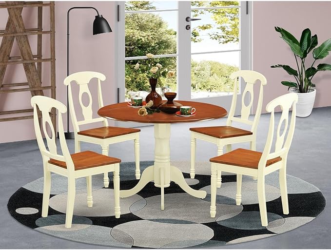 East West Furniture DLKE5-BMK-W 5 Piece Dining Room Furniture Set Includes a Round Kitchen Table with Dropleaf and 4 Dining Chairs, 42x42 Inch, Buttermilk & Cherry