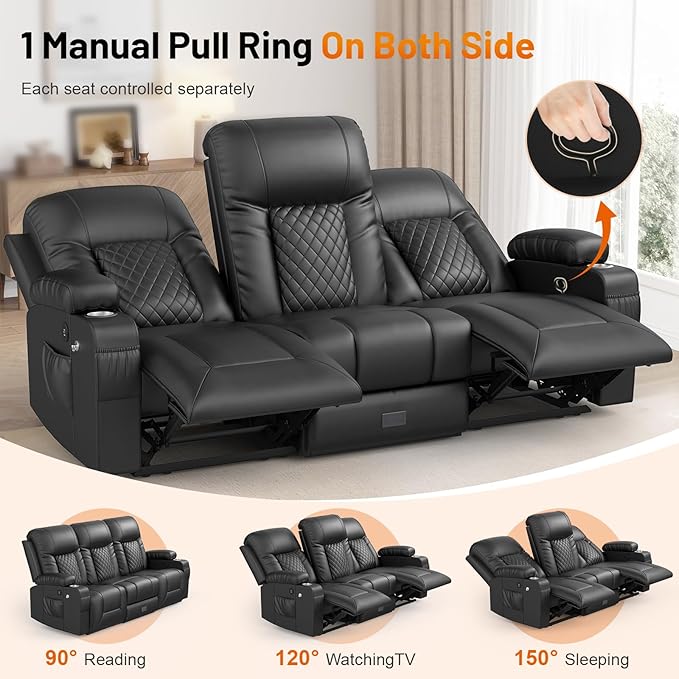 FURNIMAT Loveseat Recliner Sofa, 3 Seater Dual Reclining Sofa with Flip Back Console, Modern PU Leather Reclining Couch for Living Room/RV, with Storage, USB Port, Cup Holder, Cell Phone Holder, Black
