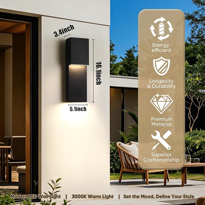 Fire Wolf 16" Modern Outdoor House Lights Wall Mount, Aluminum 18W LED 3000K Dual-Source Wall Sconce, Anti Rust Exterior Lighting Fixtures for Porch,Patio,Garden,Indoor/Outdoor (Black)