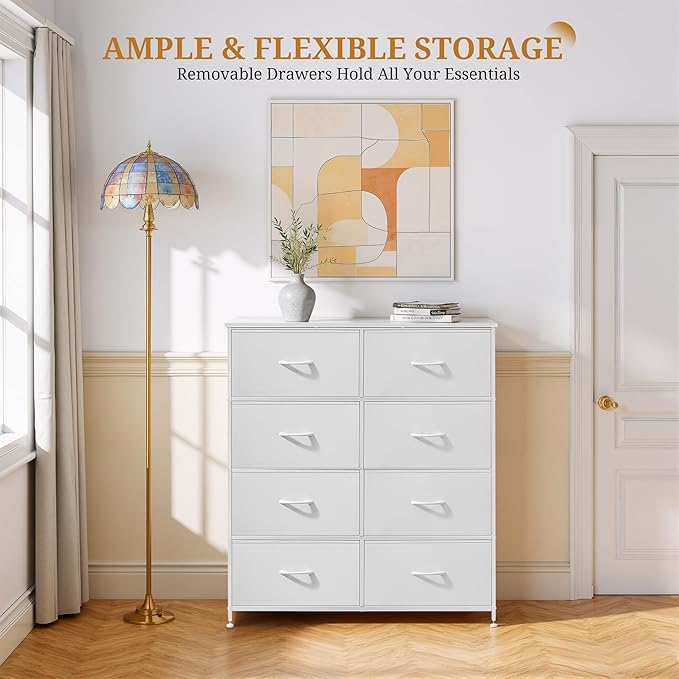 8-Drawer Fabric Dresser, Chest of Drawers Clothes Cabinet for Closet & Bedroom, Storage Organizer with Steel Frame for Entryway, Dorm, Living Room, White