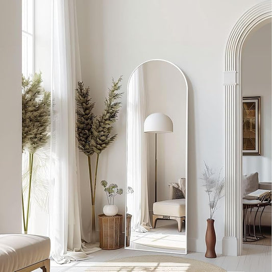 MELOMOIR 56"x18" Arched Full Length Mirror, Free Standing Leaning or Hanging, Thin Aluminum Frame, Tempered Glass, Suitable for Living Room Bedroom Cloakroom Hallway Home Gym, White