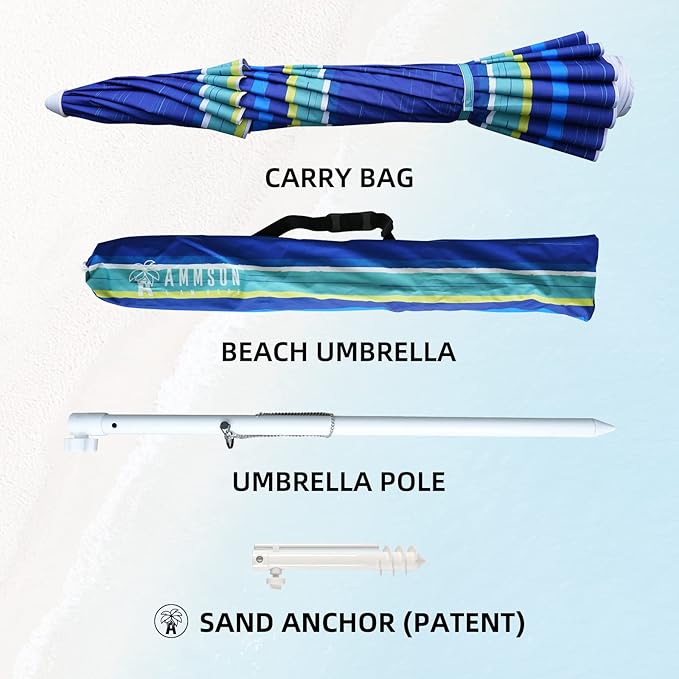 AMMSUN 8 Feet Large Beach Umbrella with Sand Anchor Heavy Duty High Wind Portable Outdoor Umbrellas UV 50+ Protection Air Vent Tilt Patio Garden Pool