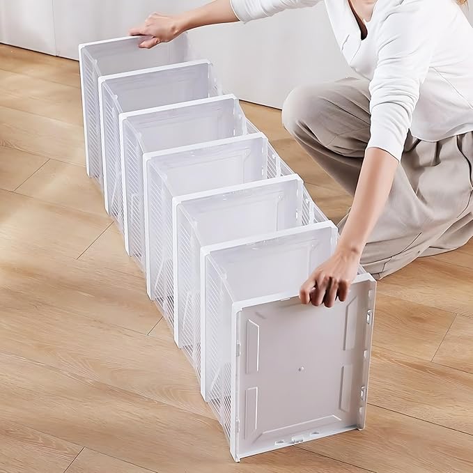 Drop Front Shoe Storage Box, No Assembly Stackable Shoe Organizer Storage Bin with Door, Free Standing Shoe Shelf Cabinet with Lid, Plastic Shoe Rack for Closet Entryway