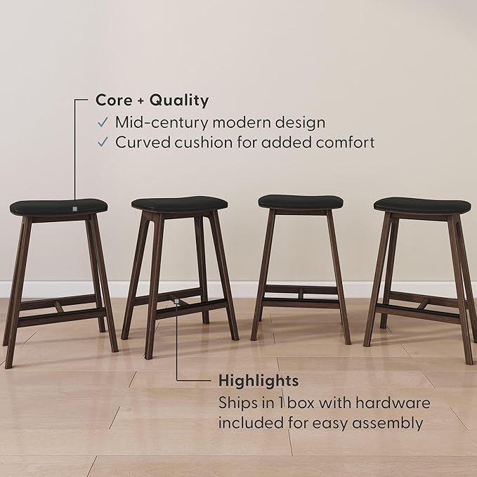 Plank+Beam Beryl Counter Height Stool - Mid-Century Modern Rubberwood Bar Stool with Faux Leather Seat, Metal Footrest, Easy Assembly, 4-Pack, Walnut/Black