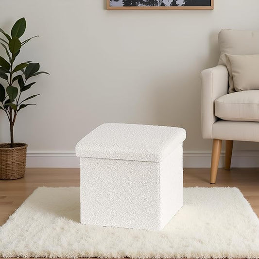 15 Inches Small Storage Ottoman - Square Ottoman with Sherpa Top,Storage Bench for Bedroom,15" L x 15" W x 15" H-White