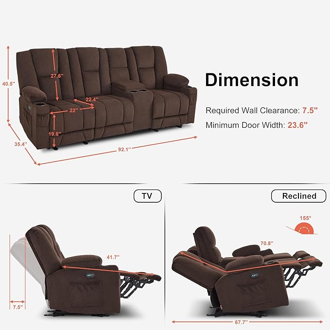 MCombo Zero Gravity 3 Seater Power Reclining Sofa with Console, Heat and Vibration Massage, Recliner Couch for Living Room, Fabric 6035SET (Brown, 3 Seater with Console)