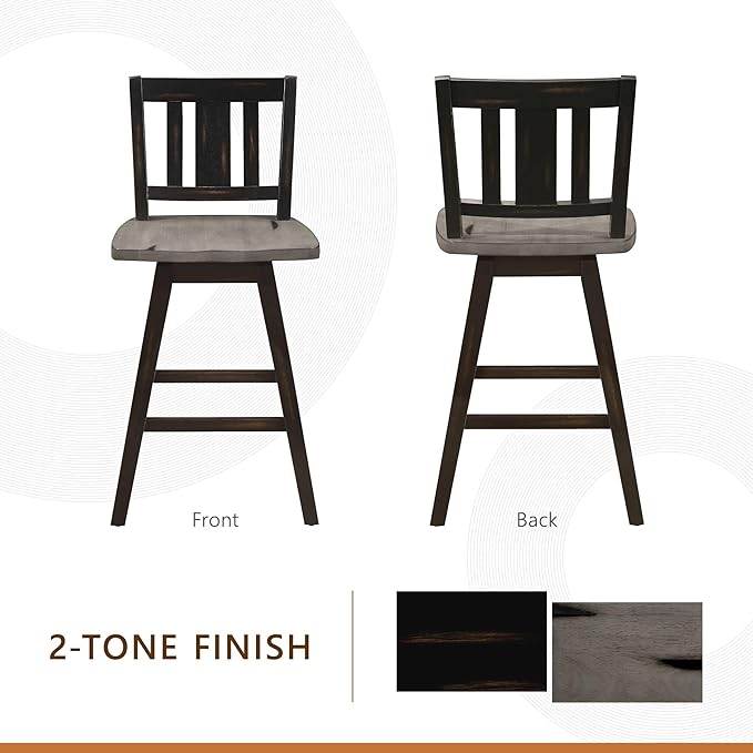 Lexicon Counter Height Stools Set of 2-Solid Wood Frame 360° Swivel Wooden Stools, Foot Rest, Slat Back, Wide Seat, Distressed Farmhouse Easy to Clean Finish, 24" SH, Antique Black/Grey