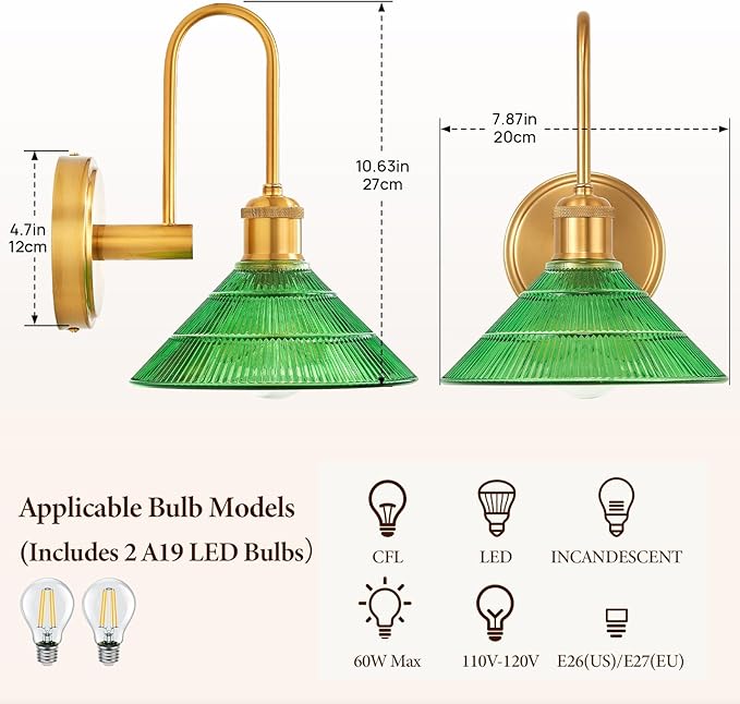 Wall Sconce Set of 2, Gold Vintage Light Fixtures with Round Green Glass Lampshade, Hardwired Sconces Wall Lighting for Bedroom, Bathroom, Living Room | Includes 2 LED Bulbs