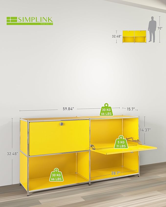 Metal Sideboard with 2 Flap Doors, DIY Modern Home Furnishing,Perfect for Home, Office, Kitchen, Hallway,Foyer Organization(Matt Yellow)