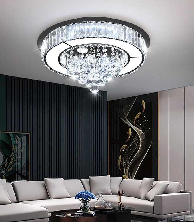 19.6'' Black Modern Crystal Chandeliers for Dining Room LED Dimmable Light Fixtures Flush Mount Light Living Room Bedrooms