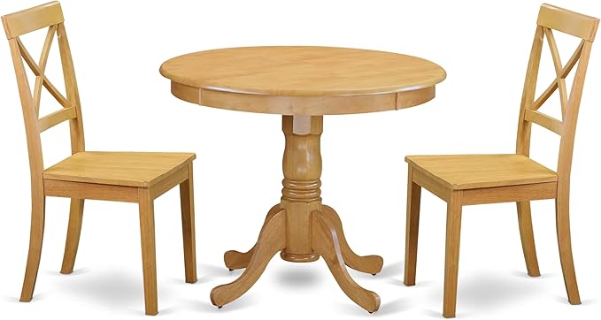 East West Furniture ANBO3-OAK-W 3 Piece Modern Dining Table Set Contains a Round Kitchen Table with Pedestal and 2 Kitchen Dining Chairs, 36x36 Inch, Oak
