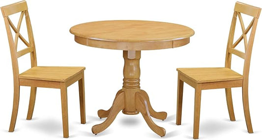East West Furniture ANBO3-OAK-W 3 Piece Modern Dining Table Set Contains a Round Kitchen Table with Pedestal and 2 Kitchen Dining Chairs, 36x36 Inch, Oak