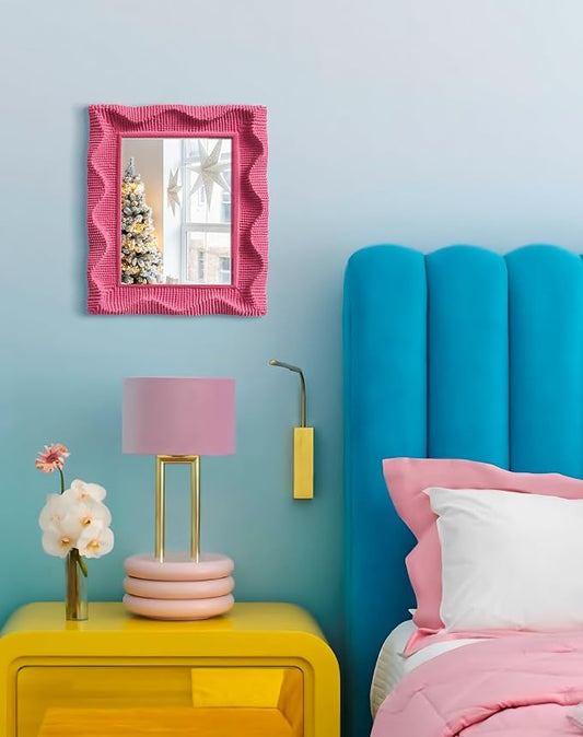 Cute Wall Mirror Decor for Girls Bedroom Dressing Room, 14x12 Wavy Decorative Wall-Mounted Mirror for Hallway Entryway Home Office, Funky Framed Vanity Mirrors As Photo Backdrop (Rose Pink)