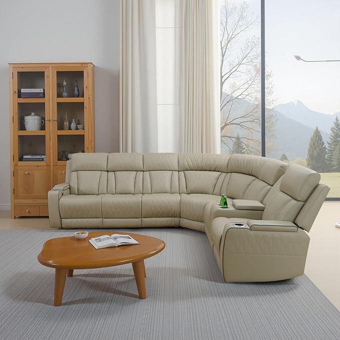 Power Recliner Sectional Sofa with LED Light, Breathing Leather Recliner Sofa Couch with Storage/Cup Holder for Living Room Home Office Theater (Beige)