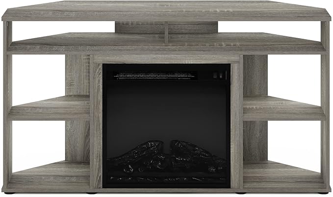 Furinno Jensen Corner TV Stand with Fireplace for TV up to 55 Inches, French Oak Grey