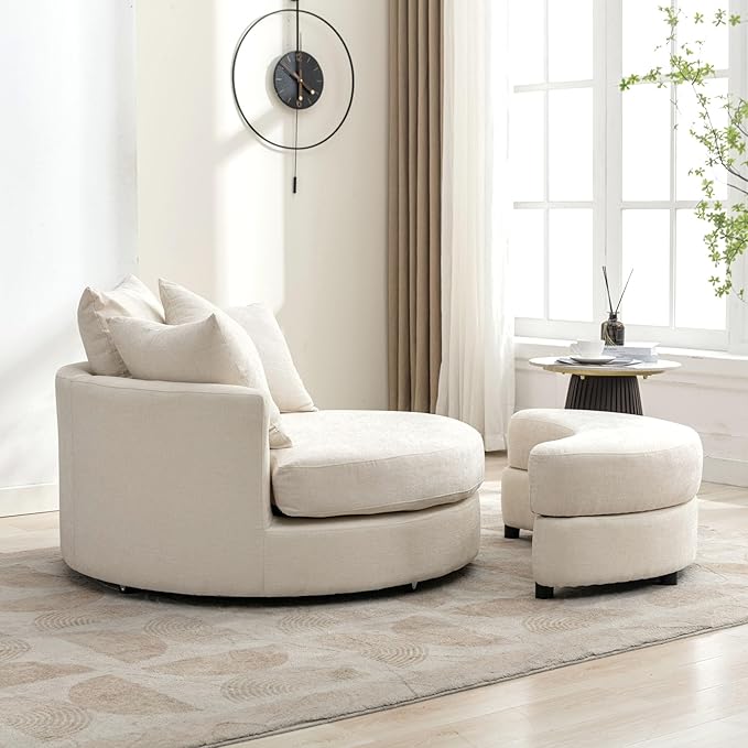 ERYE Oversized Round Accent Barrel Chair with Storage Ottoman and 360 Swivel Base, Modern Chenille Upholstered Leisure Recliner Armchair for Living Room Bedroom