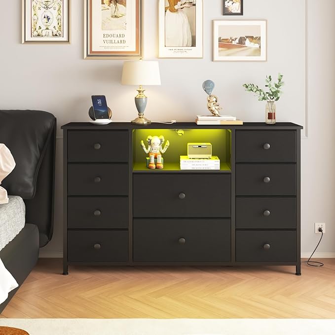 NONGSHIM Dresser with Charging Station and LED Lights, Long Dressers for Bedroom Dresser TV Stand with 10 Drawers, Fabric Chest of Drawers with PU Finish, Wide Dressers Storage Organizer, Black