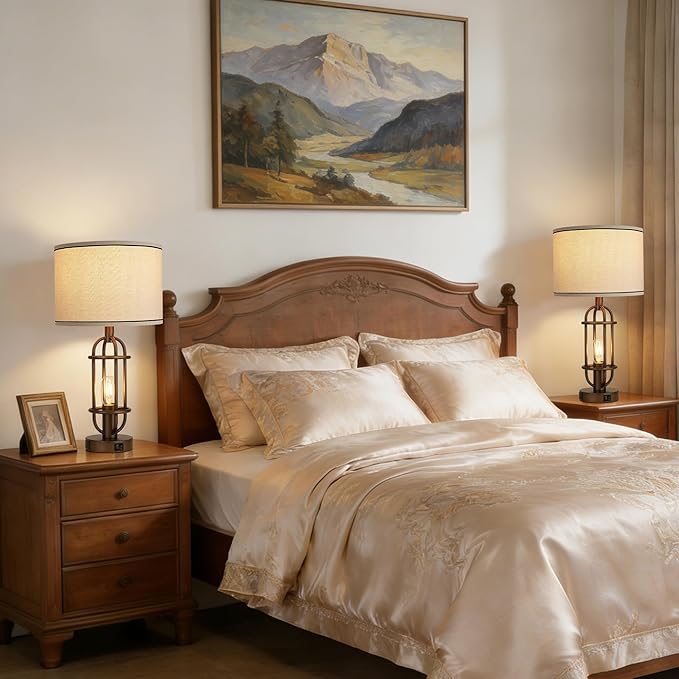 Table Lamps for Living Room Set of 2, 22.3" Farmhouse Lamps for Nightstand, Industrial Table Lamps for Bedroom with USB Ports